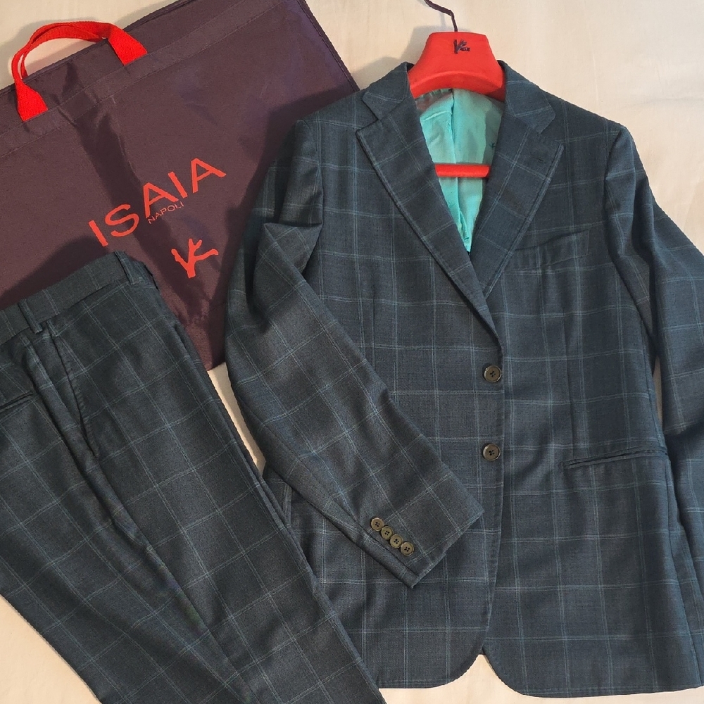 Isaia Cortina Windowpane 2 Button Suit, Men's 52 IT, 42 US, Blue & Green, NWT